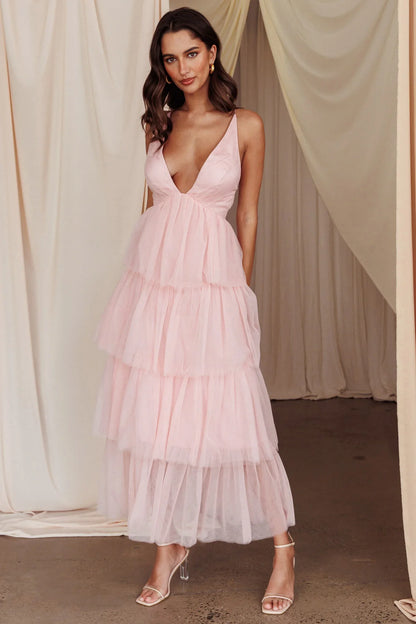 Auguste Tiered Frill Midi Dress Blush