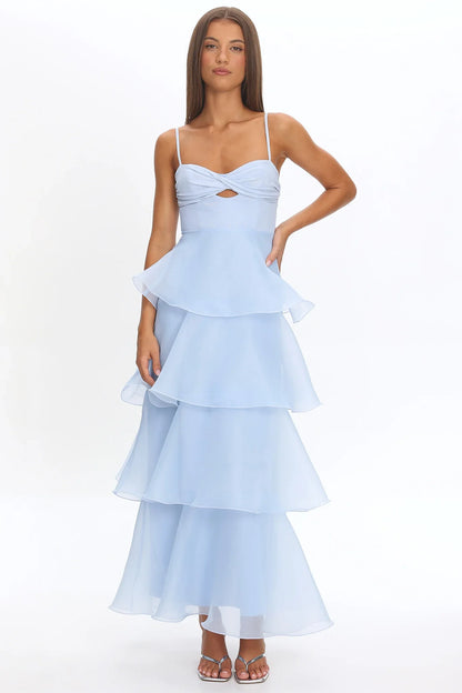 Margarida Layered Sweetheart Neckline Maxi Dress Blue