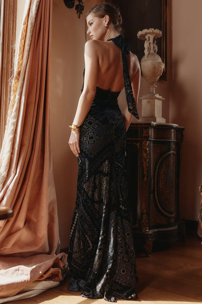 black & gold devore velvet maxi gown