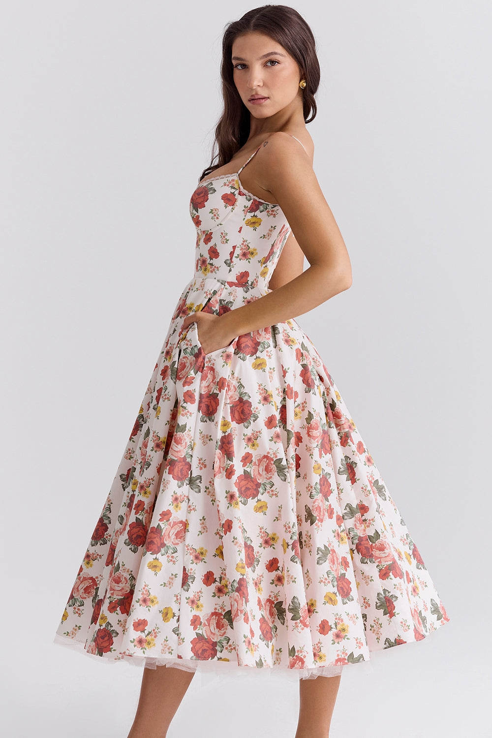 italian rose print tulle midi dress