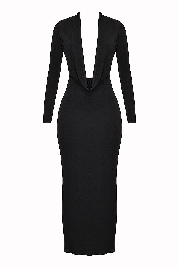 black draped maxi dress