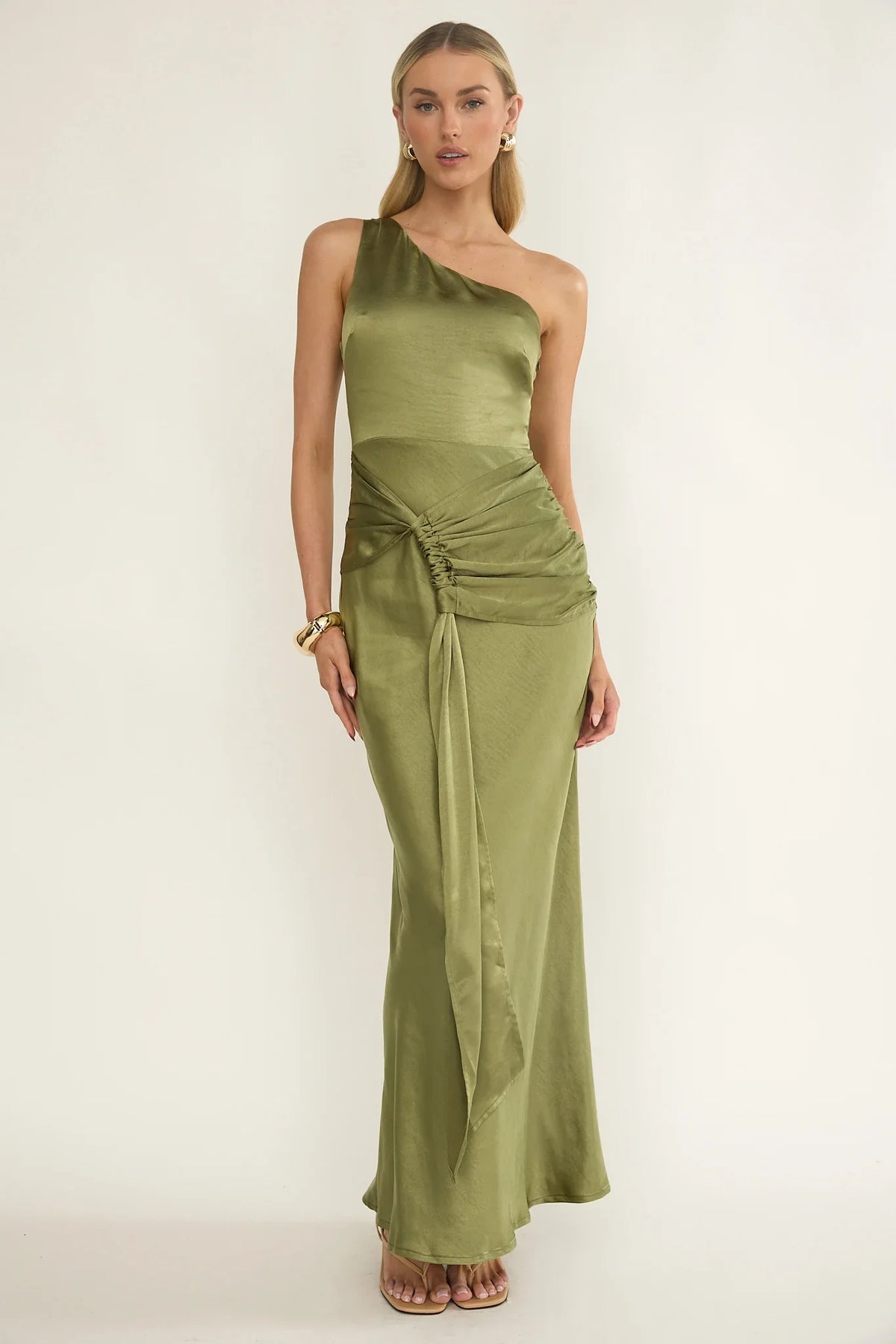 Luli One-Shoulder Waist Sash Maxi Dress Olive