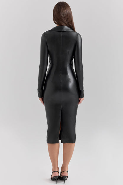 black vegan leather long sleeve midi dress