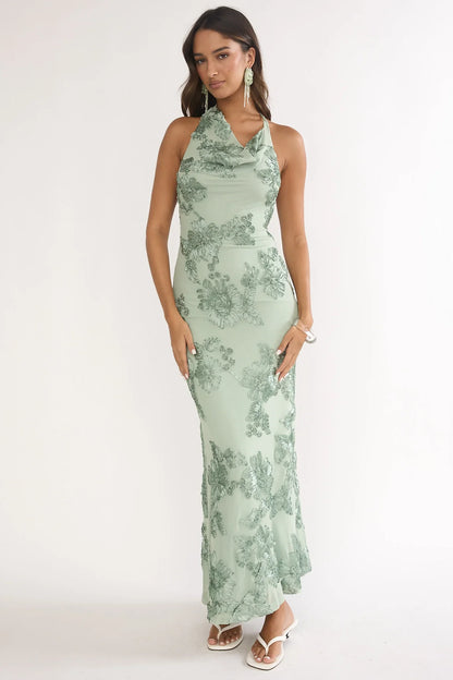 Kirralee Asymmetric Halterneck Embellished Maxi Dress Aqua Green