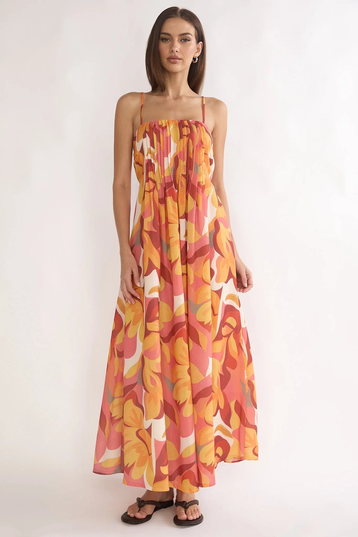 Lysette Pintuck Pleat Maxi Dress Print Orange