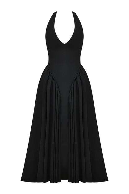 black twill halter midi dress