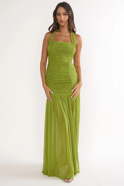 Galinda Ruched Bodice Halterneck Maxi Dress Olive