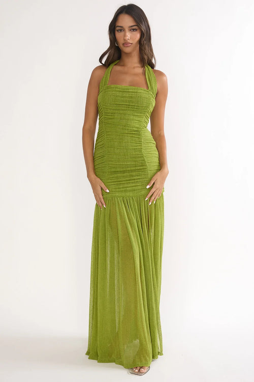 Galinda Ruched Bodice Halterneck Maxi Dress Olive