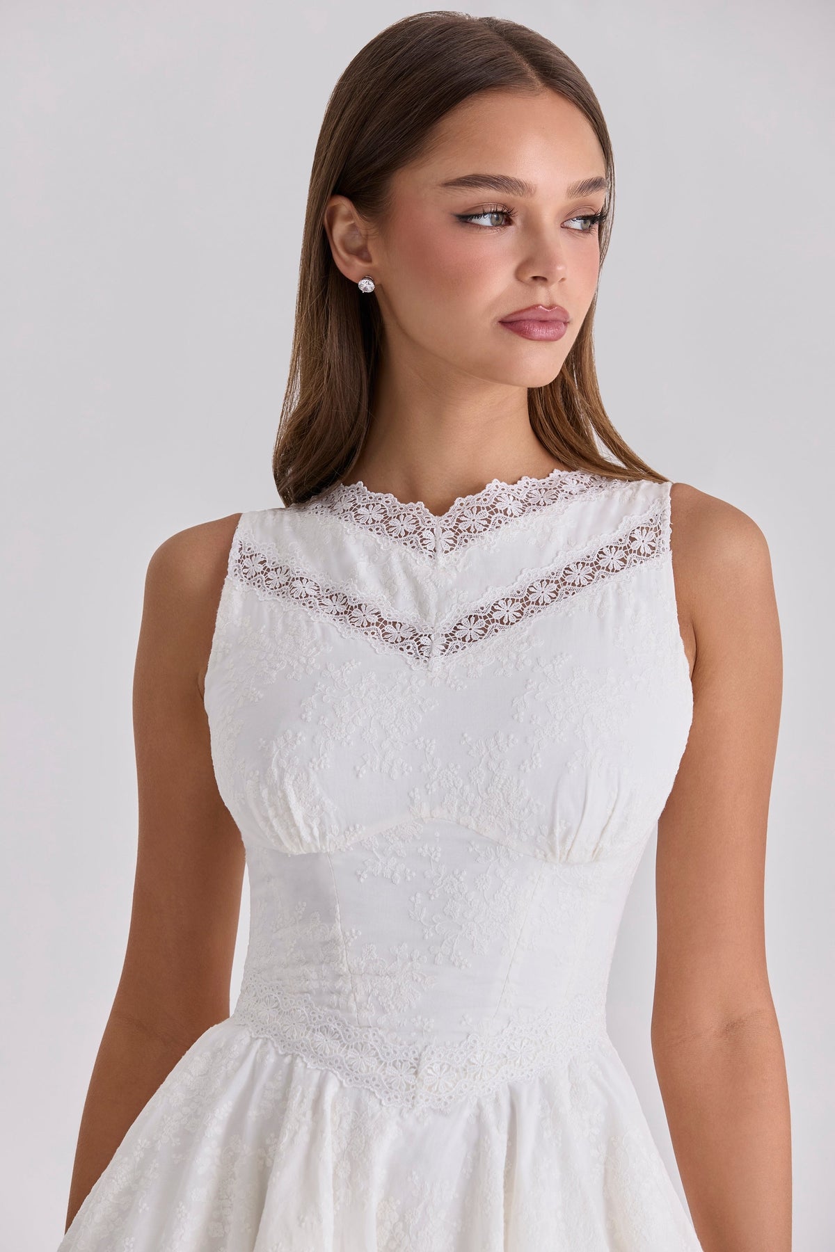 white embroidered cotton lace trim mini dress