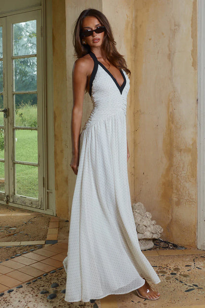 CAROLINA HALTER RUCHED MAXI DRESS - IVORY/BLACK POLKA