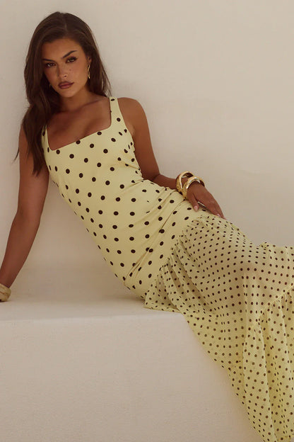 TILLIE SHEER BOTTOM MAXI DRESS - LEMON/CHOC POLKA