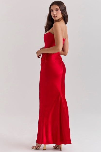 scarlet strapless corset maxi dress