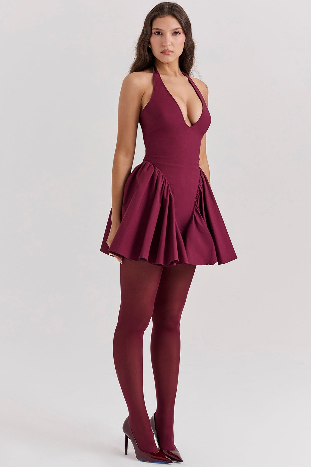 wine halter mini dress