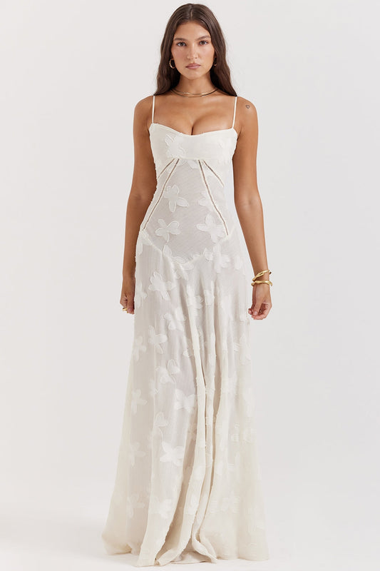 vintage cream floral lace back maxi dress