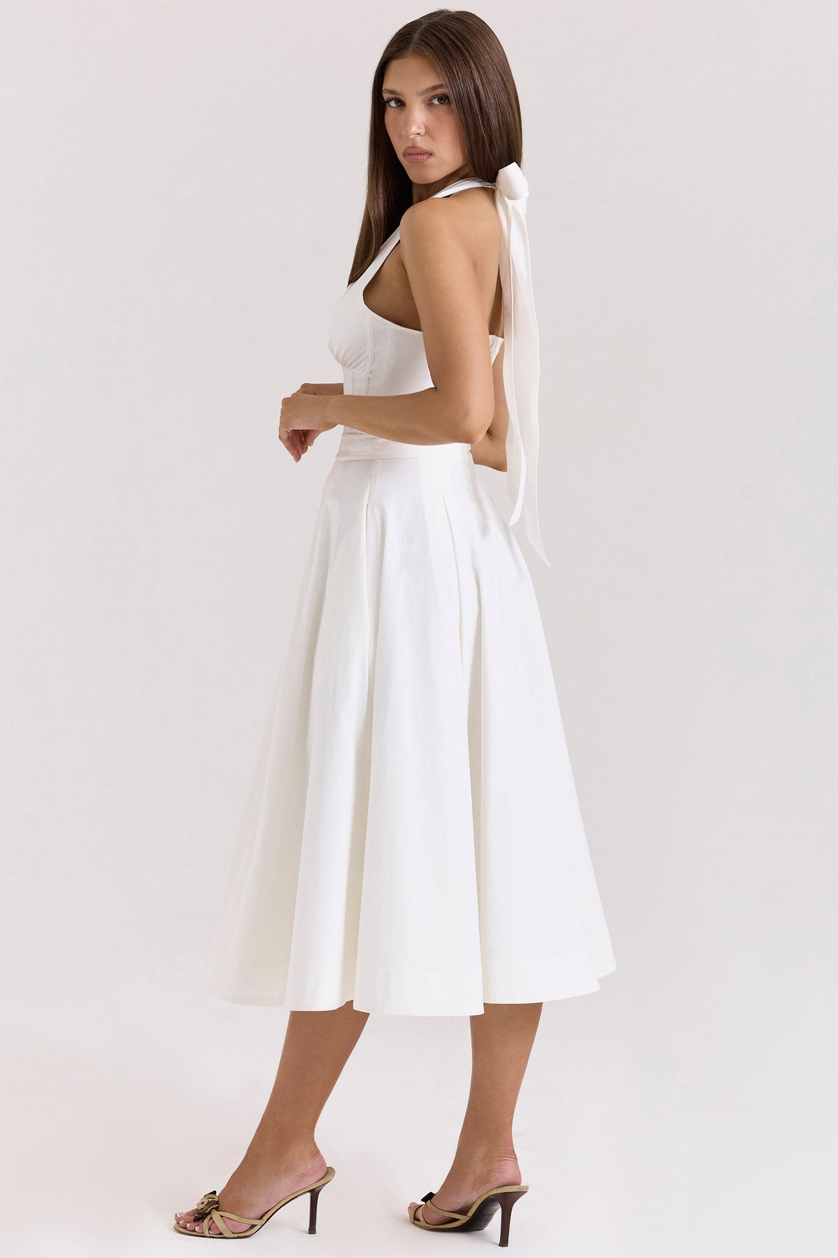 white stretch cotton halter midi sundress