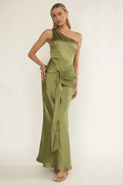 Luli One-Shoulder Waist Sash Maxi Dress Olive