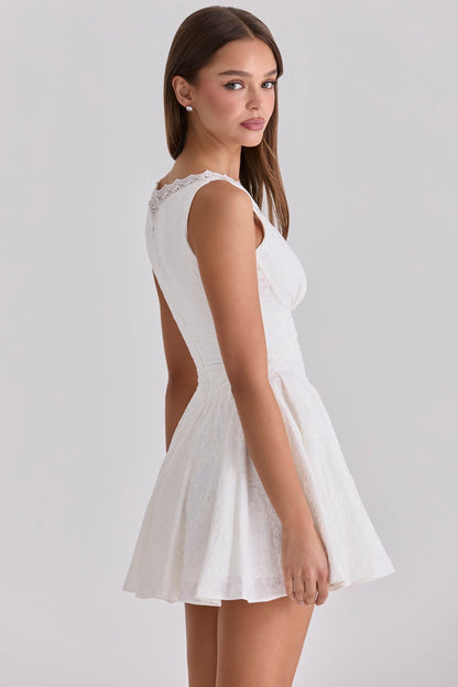 white embroidered cotton lace trim mini dress
