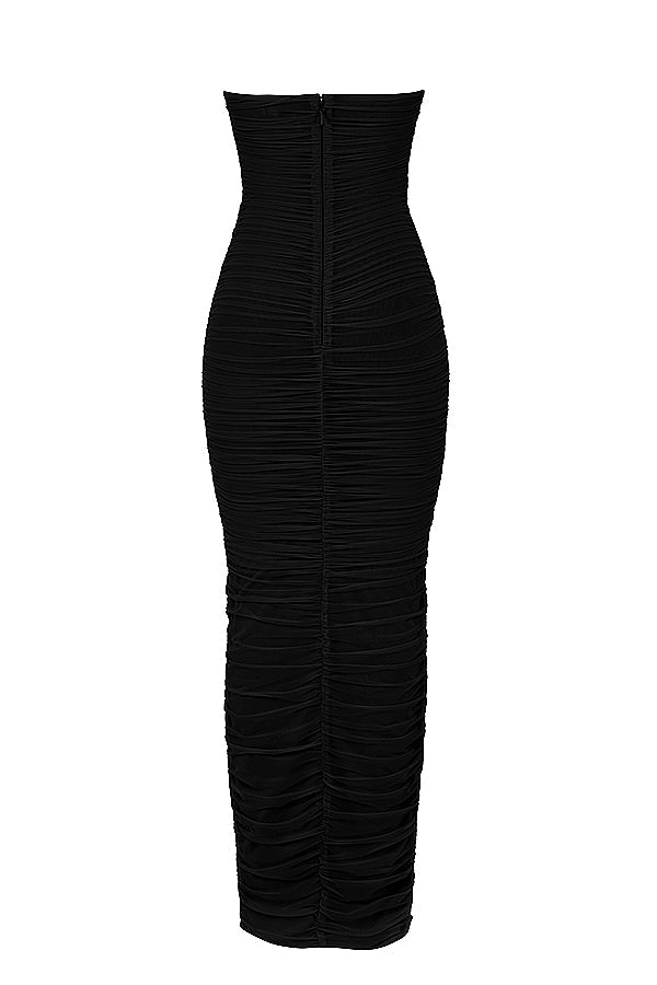 black mesh strapless maxi dress