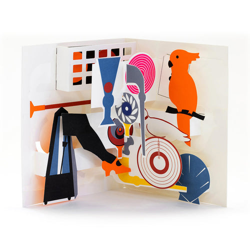 Colorful 3D pop-up greeting card with modern paper illustrations including a bright orange parrot, geometric shapes, glasses, a shell, and abstract objects in an artistic contemporary design.
