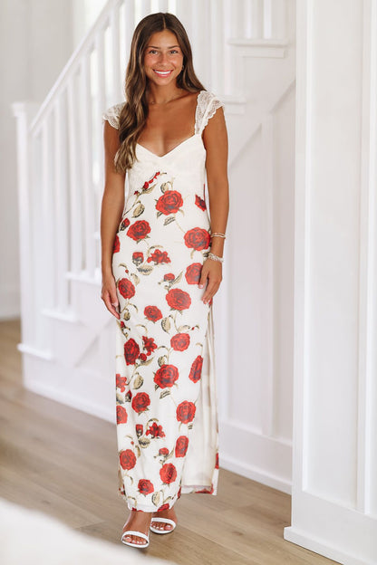 Flirtatious in Floral Maxi Dress Gown -Off White