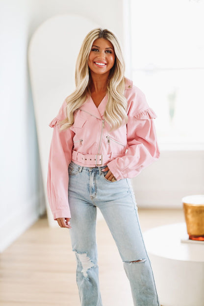 Ruffle Denim Jacket - Pink