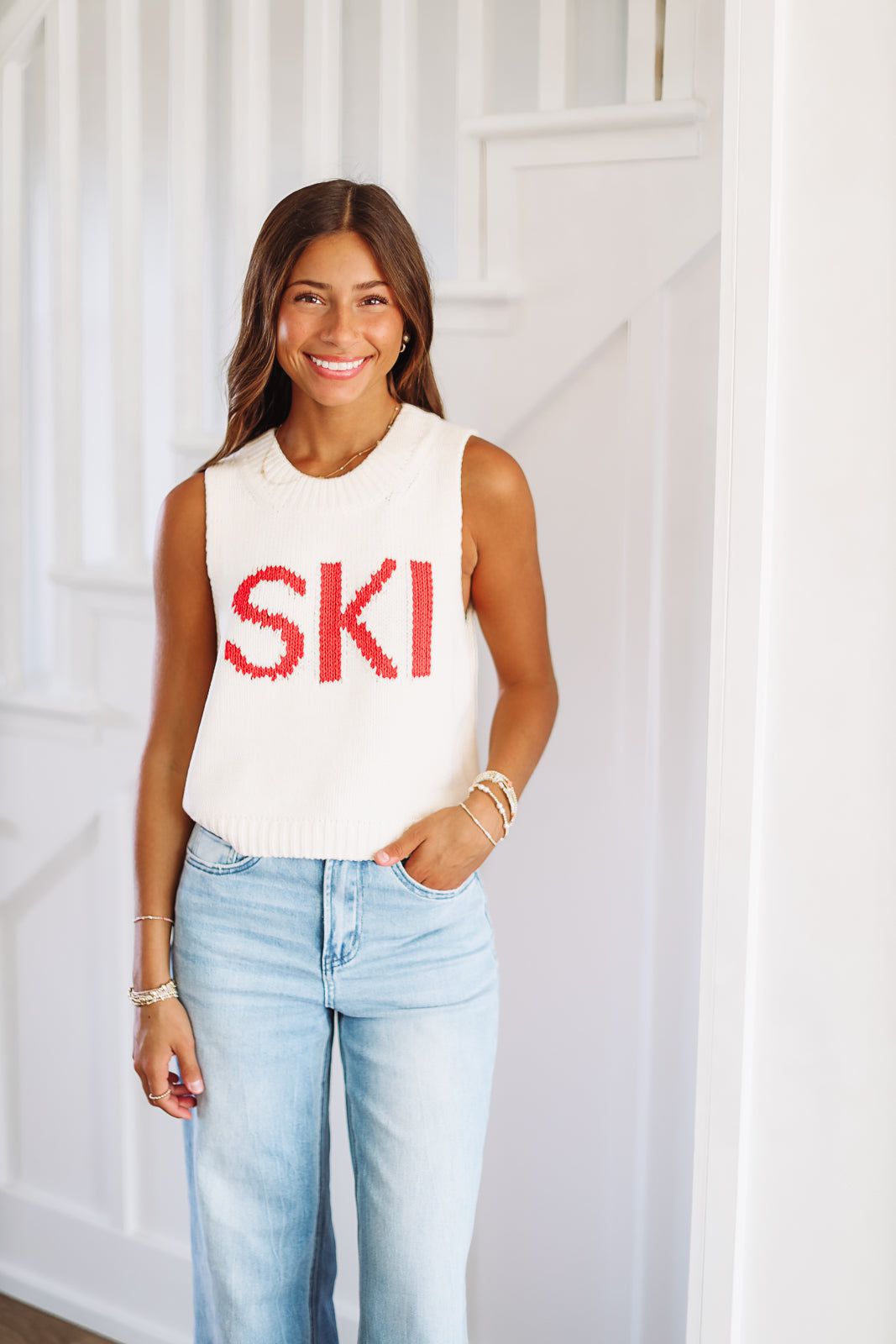 Ski Chunky Cropped Sweater - Cream and Red