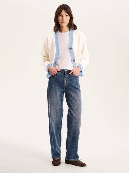 Henni Cotton Cardigan in Cream and Blue