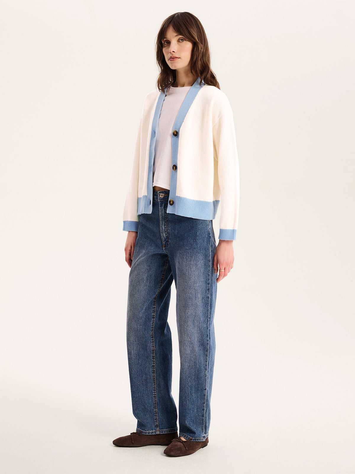 Henni Cotton Cardigan in Cream and Blue