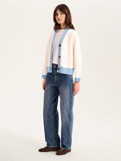 Henni Cotton Cardigan in Cream and Blue