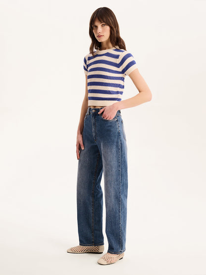 Lexi Stripe Crochet Jumper in Blue and Cream