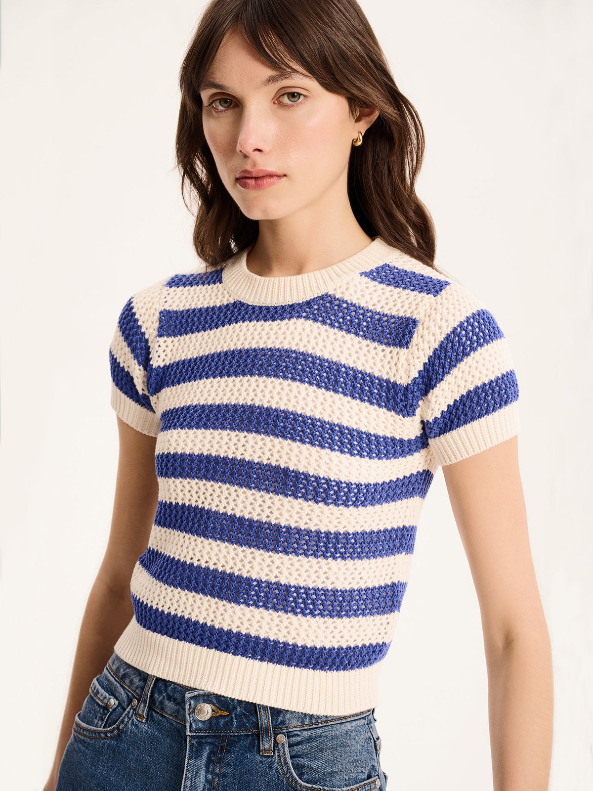 Lexi Stripe Crochet Jumper in Blue and Cream