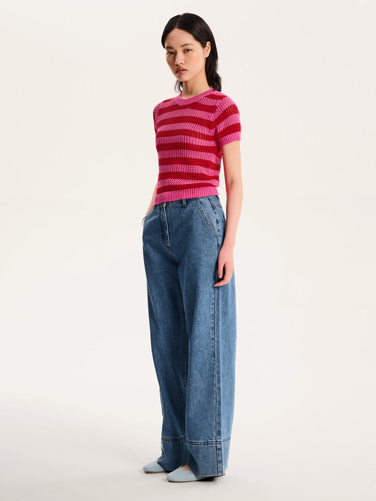Lexi Stripe Crochet Jumper in Magenta and Red