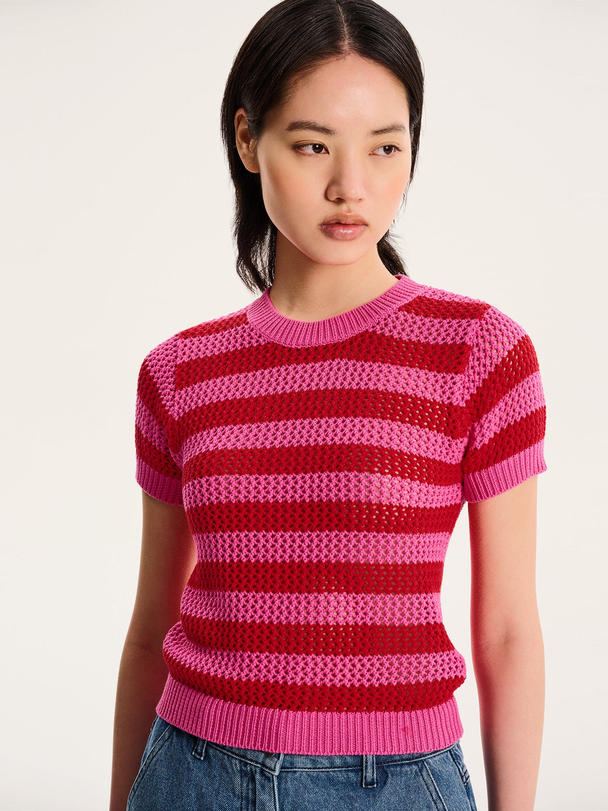 Lexi Stripe Crochet Jumper in Magenta and Red