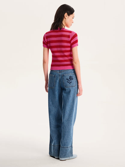Lexi Stripe Crochet Jumper in Magenta and Red