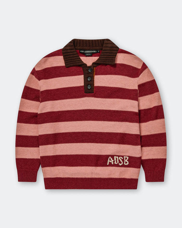 Loose-Fit Stripe Collar Sweater - Pink/Red White