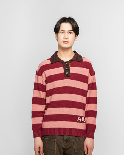 Loose-Fit Stripe Collar Sweater - Pink/Red White