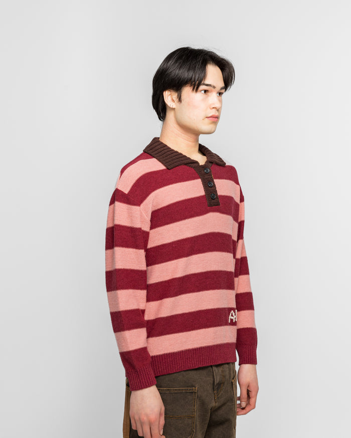 Loose-Fit Stripe Collar Sweater - Pink/Red White