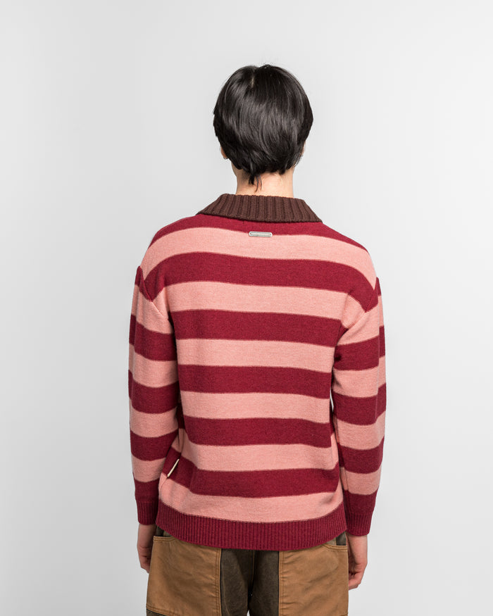 Loose-Fit Stripe Collar Sweater - Pink/Red White