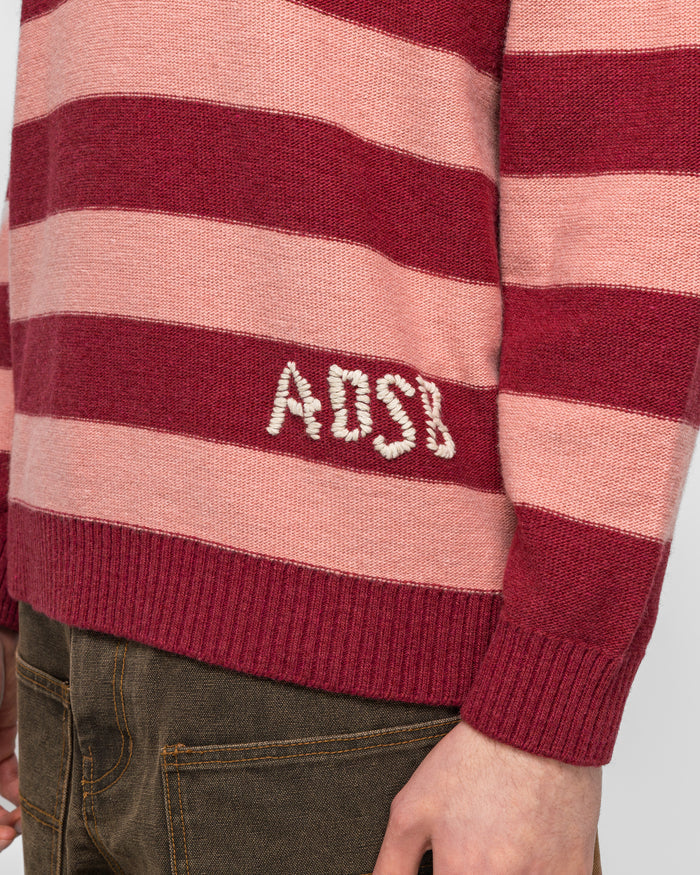 Loose-Fit Stripe Collar Sweater - Pink/Red White