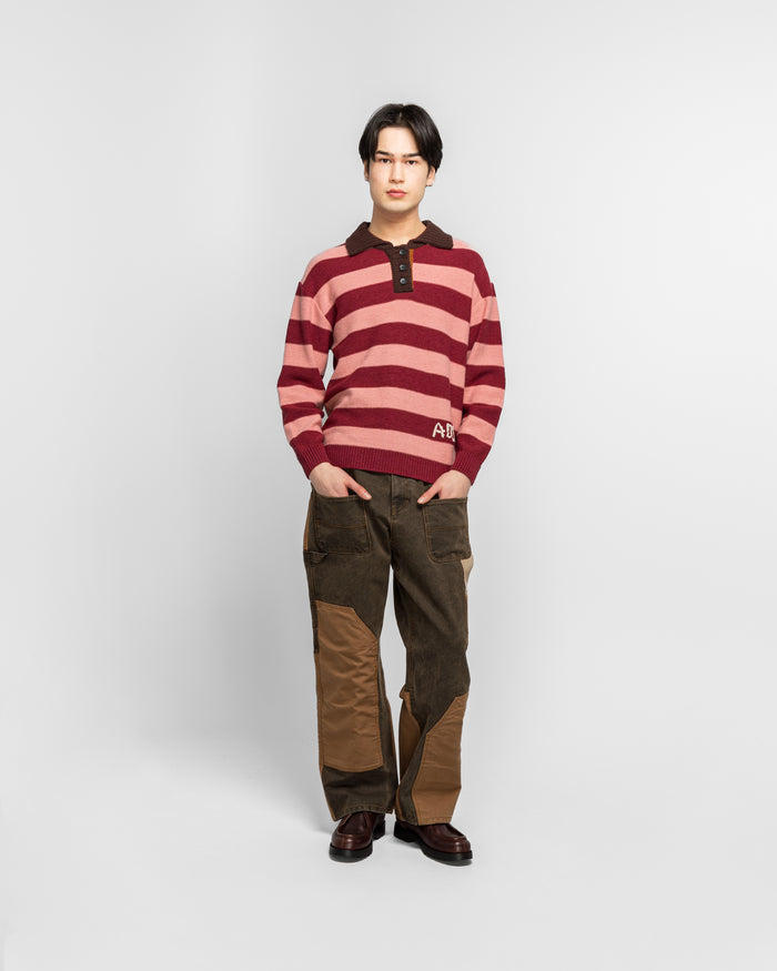 Loose-Fit Stripe Collar Sweater - Pink/Red White