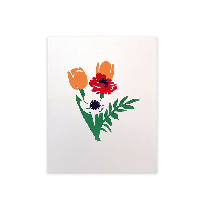 Greeting card with a simple illustrated bouquet of orange and red flowers with green leaves on a white cover, elegant floral stationery for birthdays, thank you notes, and special occasions.