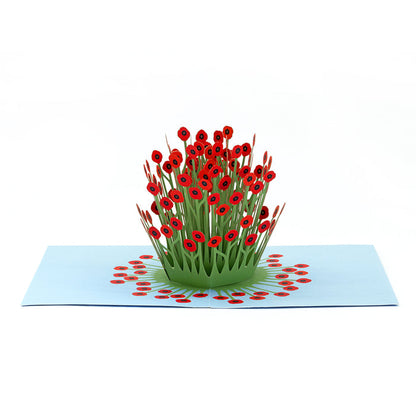3D pop-up greeting card featuring a vibrant bouquet of red poppy flowers with green stems on a pale blue card base, elegant floral paper art for birthdays, anniversaries, and special occasions.