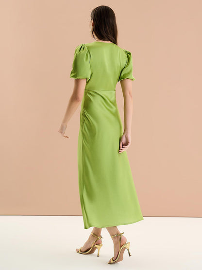 Rosie Ruched Puff Sleeve Dress in Sage