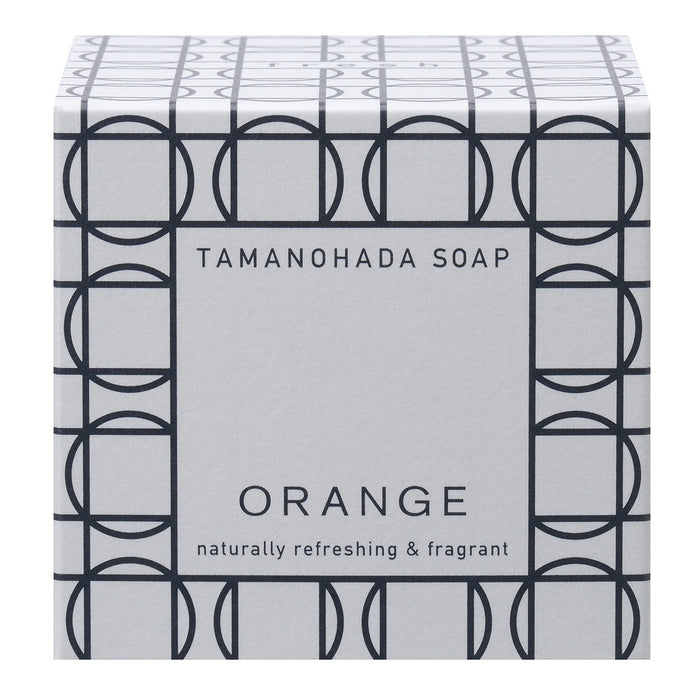 Tamanohada Orange Soap packaging with minimalist geometric design, naturally refreshing and fragrant Japanese luxury bath soap box.