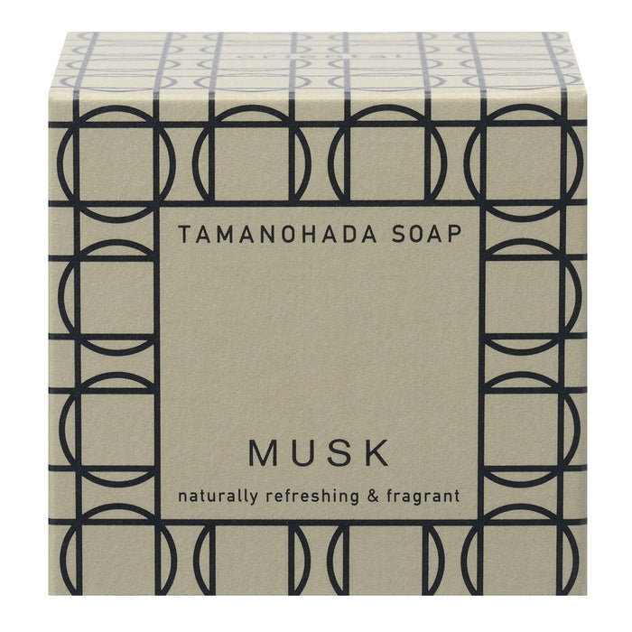 Tamanohada Musk Soap packaging with elegant geometric pattern, naturally refreshing and fragrant Japanese luxury bath soap box.