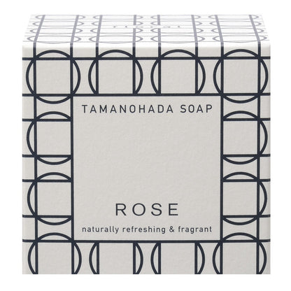Tamanohada Rose Soap packaging with minimalist geometric pattern, naturally refreshing and fragrant Japanese luxury bath soap box.
