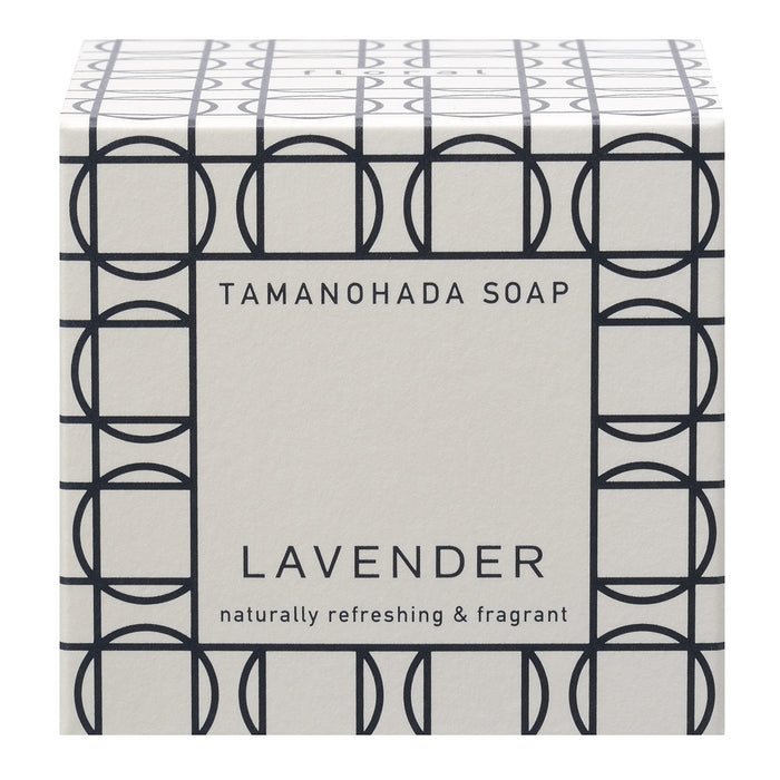 Tamanohada Lavender Soap packaging with minimalist geometric pattern, naturally refreshing and fragrant Japanese luxury bath soap box.