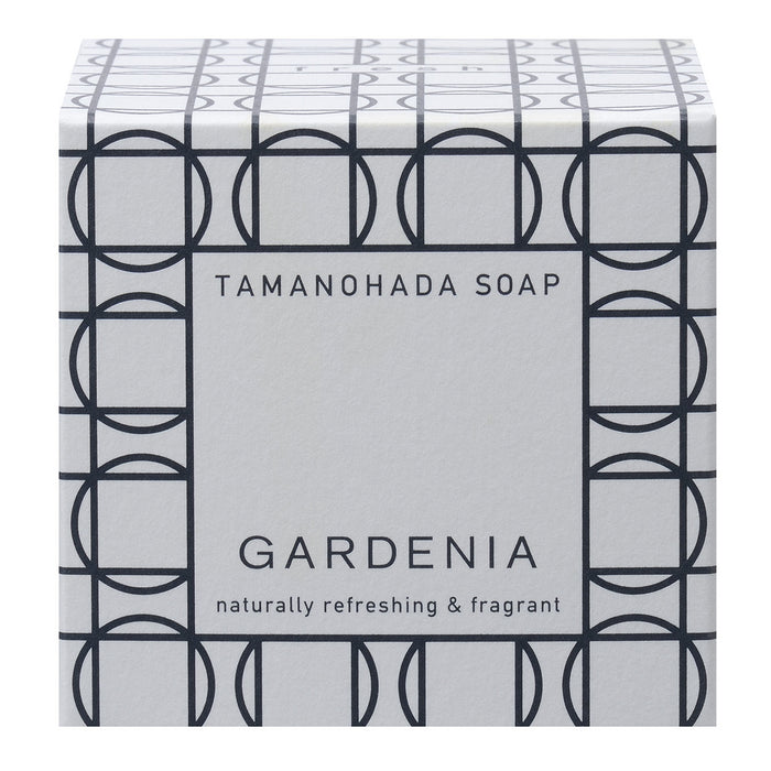 Tamanohada Gardenia Soap packaging with elegant geometric pattern, naturally refreshing and fragrant Japanese luxury bath soap box.