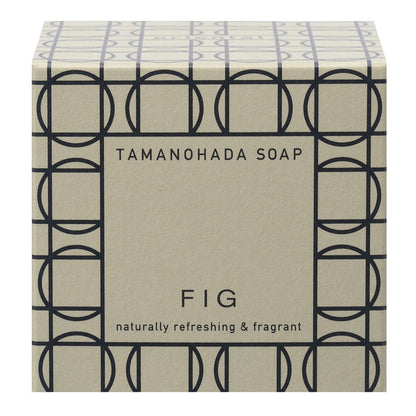 Tamanohada Fig Soap packaging with minimalist geometric design, naturally refreshing and fragrant Japanese luxury bath soap box.