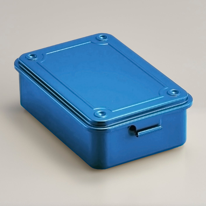 Blue steel stackable storage box with hinged lid.